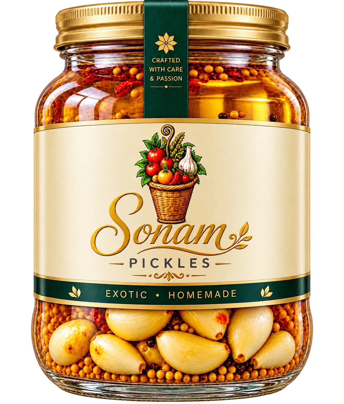 Garlic Pickle in a glass jar with Sonam Pickles' illustrated label