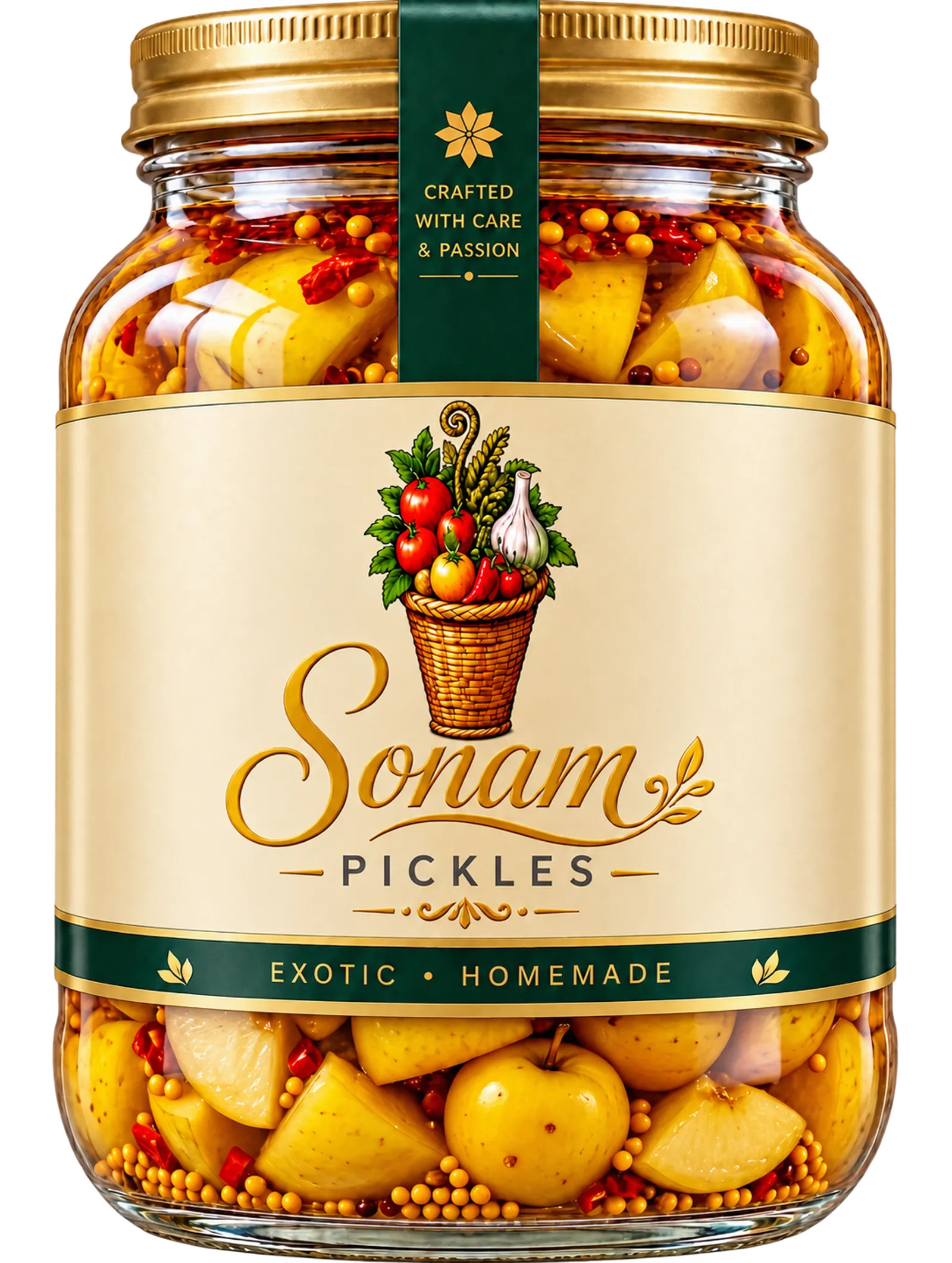 Apple Pickle in a glass jar with Sonam Pickles' illustrated label