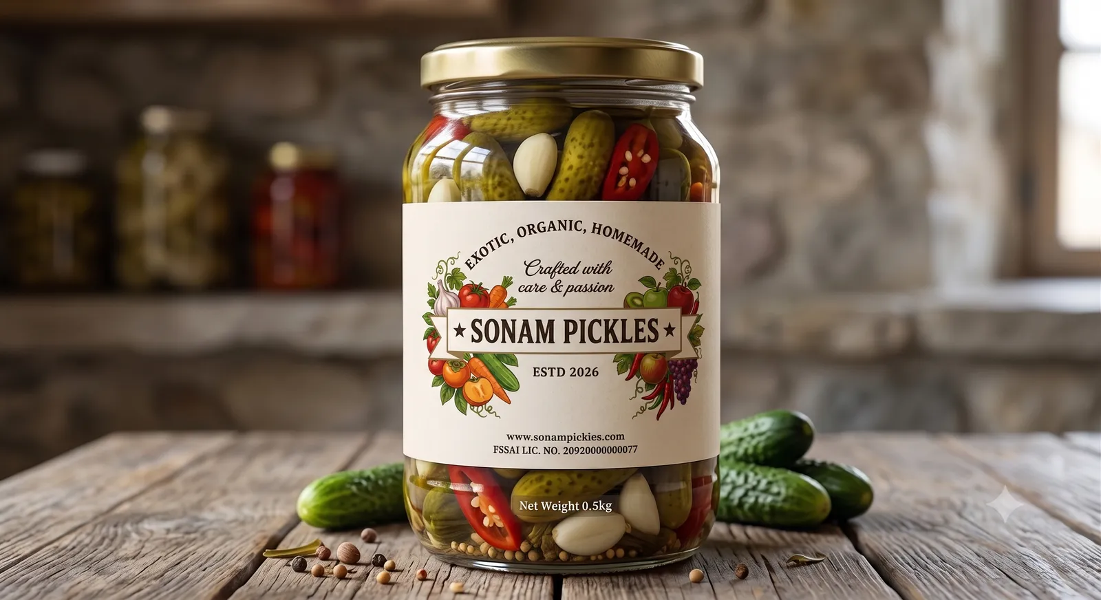 Garlic Pickle in a 500g jar with Sonam Pickles' illustrated label