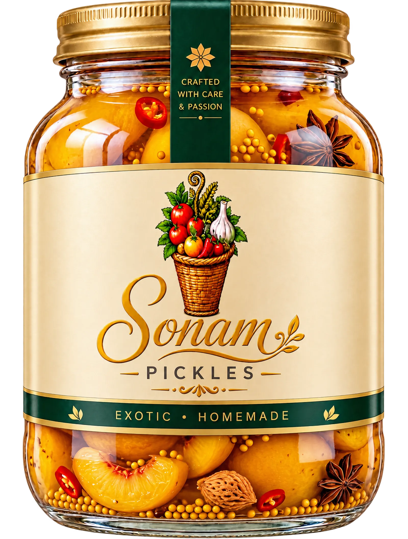 Peach Pickle in a glass jar with Sonam Pickles' illustrated label